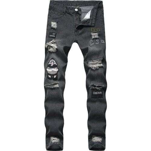 2020 New Men Stretchy Ripped Skinny Biker Embroidery Print Jeans Destroyed Hole Taped Slim Fit Denim Scratched High Quality Jean