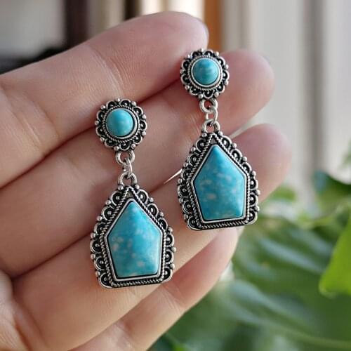 Boho Ethnic Green Turquoise Drop Dangle Earrings For Women Indian Tribal Vintage Earrings