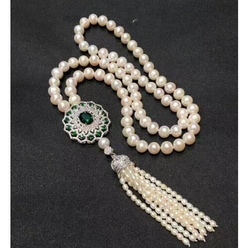 Good shipping >>>>noble jewelry 8-9mm Freshwater white pearl necklace green Crystal pendant