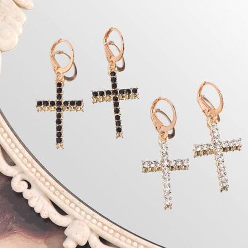 Korean Trendy Bling Rhinestone Cross Dangle Earrings for Women Simple Gold Silver Color Drop Earring Fashion Jewelry 2021 Trend