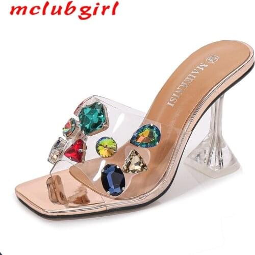 Mclubgirl Summer Fashion Shallow Mouth Crystal High Heels Thin Heeled Casual Outer Wear Open Toe Large Size Womens Sandals WZ