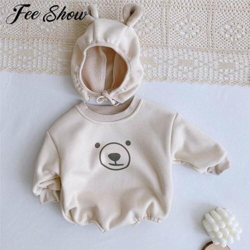 Infant Newborn Autumn Winter Baby Boys and Girls Clothes Printed Cartoon Bear Long Sleeves Baby Jumpsuit with Hat Toddler Romper
