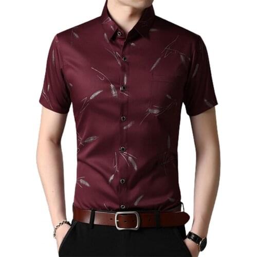 Men Shirt 2021 Buttons Pocket Wheat Pattern Polyester men Shirts Short Sleeve Blouse for Holiday men clothing рубашка мужская