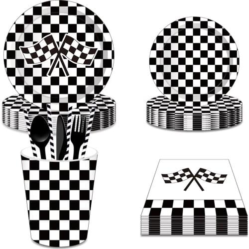 8 Guests Cool Racing Car Lattice Flag Competition Party Disposable Tableware Sets Paper Plates Cups Party Favors Decorations