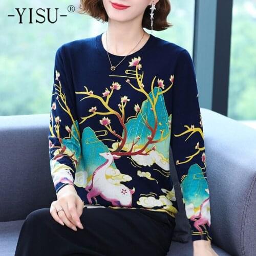 YISU 2021 Autumn Wool Pullover Sweater O-Neck Women Soft Loose Knitted Sweaters Jumpers Female Fashion printing sweater Women