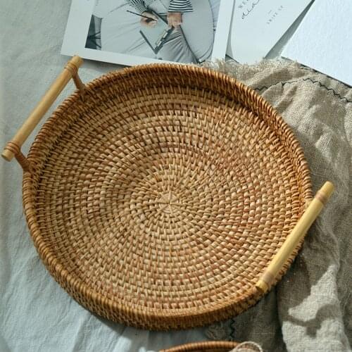 Handwoven Rattan Basket Eco Friendly Storage Baskets Decor For Living Room Food Fruit Serving Tray Plant Plate With Handles