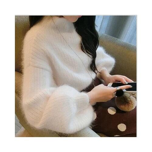 Pullover Sweater 2021 Solid Color High Neck Lantern Sleeve Brief Mohair Knitted Casual Loose Sweaters Vestidos LXJ1029