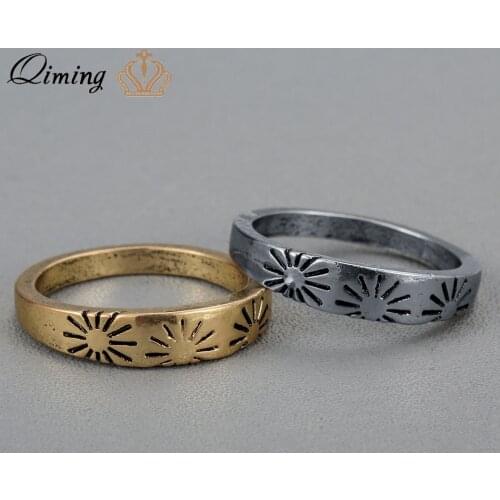 QIMING 2020 New Vintage Sun Ring Women Men Antique Gold Silver Minimalist Jewelry Sunrise Couple Ring Engagement Gift