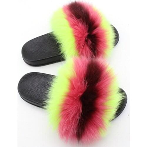 Summer Women Fox Fur Slippers Really Fox Hair Flip Flops Fluffy Plush Non Slip Indoor Slipper High Quality Beach Sandals