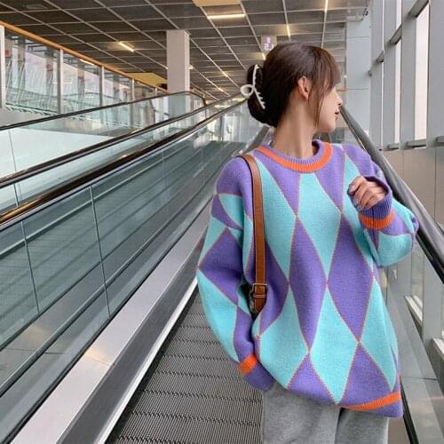 Oversized Argyle Sweater Pullovers Women Winter Loose Sweater Korean College Style Women Jumper Vintage Thickened Sweater Women