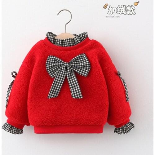 Sweatershirt Plus Velvet Hoodies Tops Brand Kids Baby Girl Clothes Winter Tshirt Children Blouse Girls Cute Pink Bow Sweater