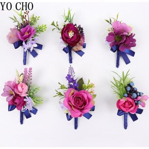 YO CHO Rose Red Purple Groomsmen Boutonniere Artificial Silk Flower Lavender Berries Bride Wrist Corsage Wedding Boutonniere