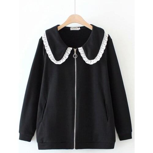 Fleece inside LACE Peter pan Collar Solid black women cotton jackets 2020 new plus size casual ladies spring coats female tops