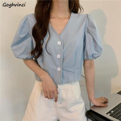Shirt Women Single Breasted Simple Korean Style Sweet Female Tops Solid Color Puff Sleeve Elegant Daily Office V-neck Trendy Ins