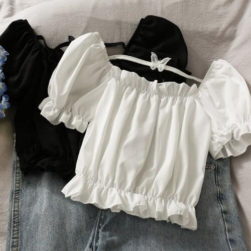 Sweet Wind Butterfly Patch Short-Sleeved Chiffon Fungus Puff Sleeve T-Shirt Female 2021 New Wild Pleated Small Shirt Fairy