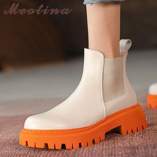 Meotina Genuine Leather Ankle Boots Women Thick Heel Round Toe Boots Fashion High Heel Ladies Short Boots Autumn Winter Autumn