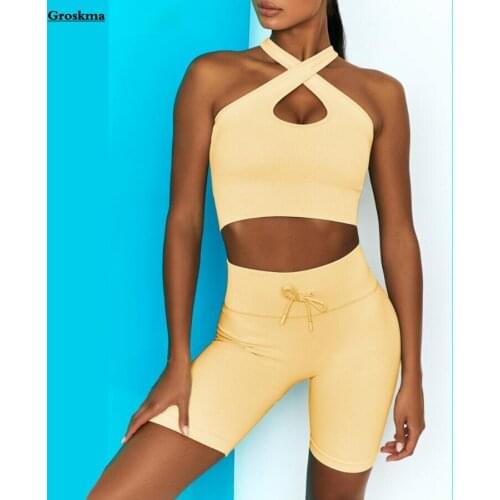 Outdoor Running Women Two Piece Set Cross Straps Bra+High Waist Shorts Yoga Seamless Suits Fitness Gym Clothing Roupas Femininas