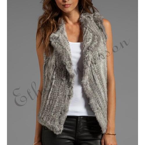ETHEL ANDERSON Womens Real Farm Rabbit Fur Knitted Vest Gilet Casual Jacket Slim Coat Irregular Short Style Top
