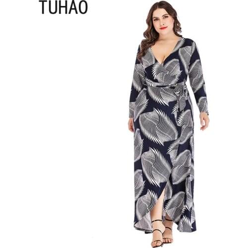 TUHAO Autumn 4XL 5XL 6XL Plus Size Dress V-neck Long Sleeve Striped Print Irregular Kimono Long Maxi Dress Woman Clothes TZ9101