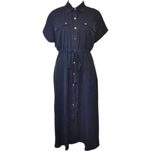 Women Midi Dress Single-breasted Belt Sexy Plus Size Solid Color Short Sleeve Pockets Dress for Office Lady Solid Dresses linen