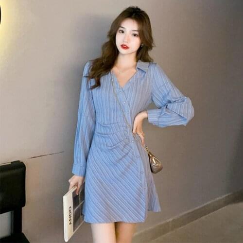 Korean Style Vintage Sexy V-Neck Single Breasted Long Sleeve Mini Party Dress Ladies Streetwear Casual Stripe Female Shirt Dress