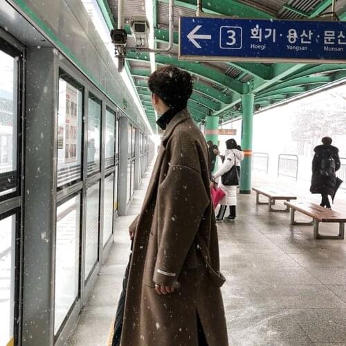 Winter Mens Wool Blends Long Overcoat Lapel Collar With Belt Loose Black Khaki Thick Warm Outwear N14