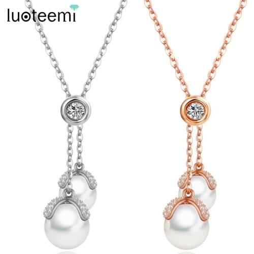 LUOTEEMI Luxury Korean Fashion Pendant Necklace for Women Two Drop Imitation Pearls Chain Statement Healing Crystal Necklaces