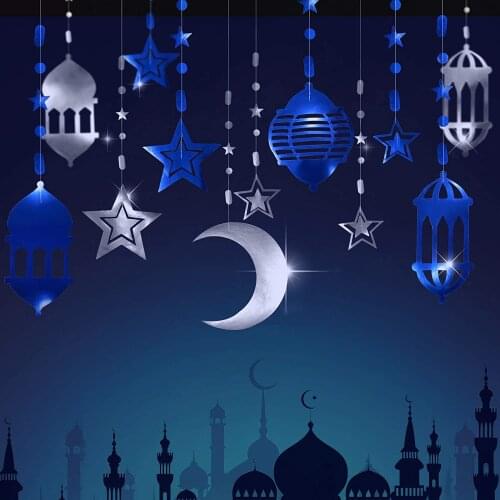 Eid Mubarak Decor Banner Paper Blue Silver Star Moon Garlands Hanging For Kareem Muslim Islamic Festival Party Wall Decorations