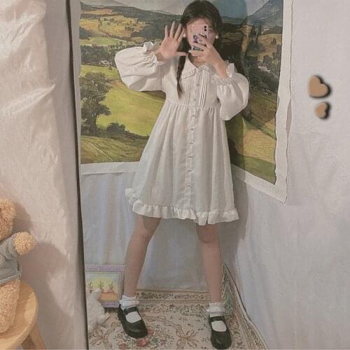 White Lolita Cardigan Dress Fairy Women Japanese Style Kawaii Clothes Peter Pan Collar Puff Long Sleeve Lady Elegant White Black