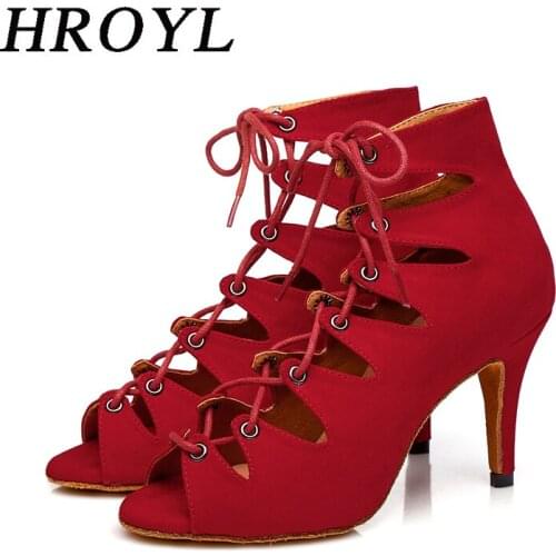 HROYL Latin dance shoes for girl women ladys Red ballroom professional Salsa tango party dancing shoes high heel