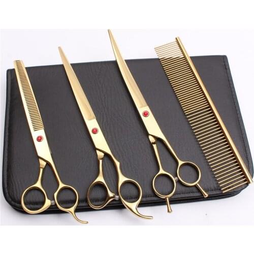 UP-4Pcs 8.0" 22cm Gold Color Engraving Grooming-for-dog Thinning Shears Cutting Scissors Pets Hair Clipping Shears Add Bag C3005