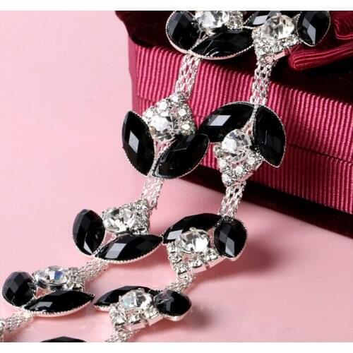 1Yard Black Resin and Sparkling Crystal White Rhinestone Bridal Trim Garments Accessory Fashion Chain Silver KW0160