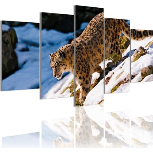 Snow Leopard Walking 5 Panels Canvas Painting HD Poster Wall Art Print Pictures for Living Room Interior Home Decoration Frame