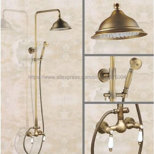 Antique Brass Wall Mount Shower Set Faucet Double Handle with Handshower Bathroom Shower Mixer Tap Nan111