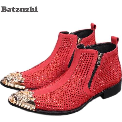 Batzuzhi Luxury Mens Ankle Boot Fashion Rhinestones Leather Short Boots for Men with Metal Pointed Toe Party and Wedding Botas