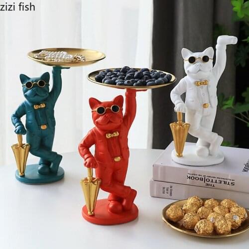 Gentleman French Bulldog Storage Ornaments Resin Animal Statue Dressing Table Desktop Candy Box Snacks Organizer Home Decoration