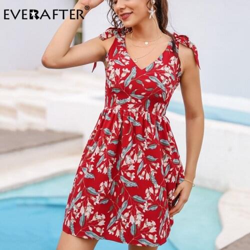 EVERAFTER Sexy spaghetti strap women dress boho floral print red lace up bow high waist short sundress draped holiday mini dress