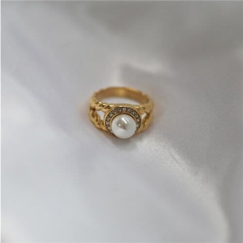 Joolim High End 18K Gold PVD Waterproof Zirconia Pave Pearl Rings Stainless Steel Ring Party Jewelry
