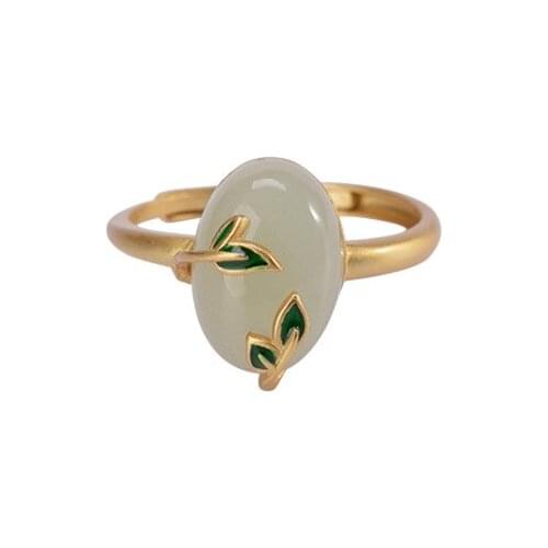 Baifuming S925 sterling silver gold plated Natural Hetian jade Ring Retro Cloisonne Leaves Ladies Open ring
