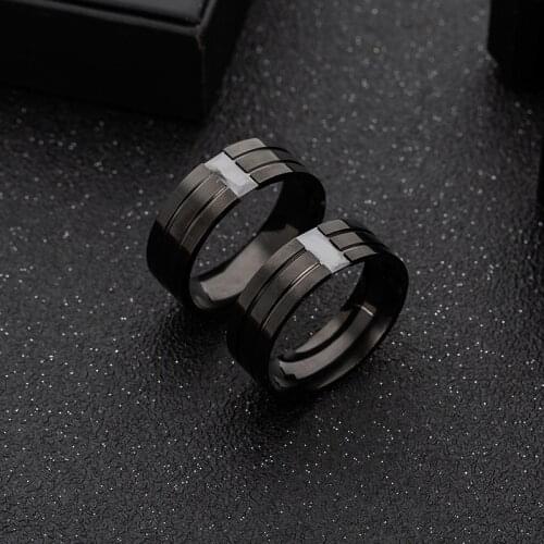 FDLK Simple Design Mens Stainless Steel Ring Business Jewelry Black Zircon Wedding Engagement Ring Gifts for Him
