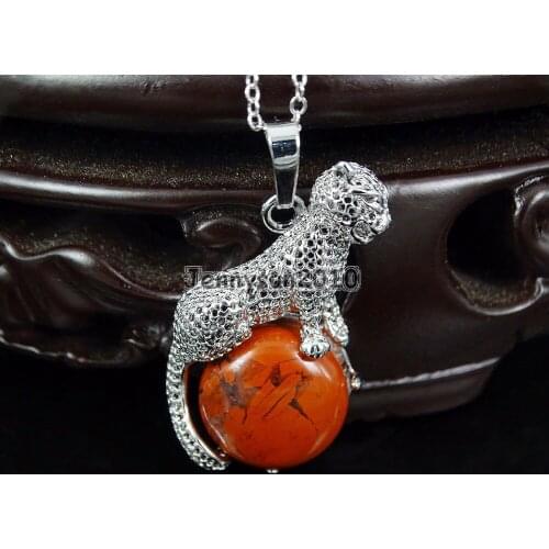 Natural Red Ja-sper Round Gems Stone Leopard Reiki Chakra Pendant Charm Beads Healing Jewelry Design 10Pcs/Pack