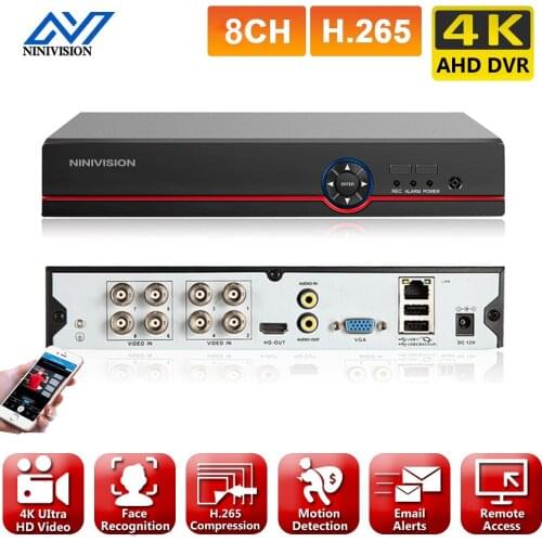 NINIVISION 8CH 4K AHD DVR AI H.265 Hybrid 8 Megapixel NVR Digital Video Recorder for 2MP 4MP 5MP 8MP AHD/TVI/CVI/XVI/IP Cameras