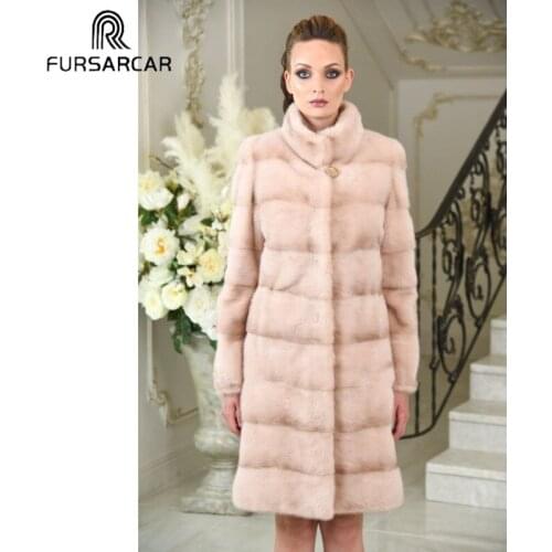 FURSARCAR New With Stand Collar Fashion Women Luxury Warm Min Fur Coat Winter 100cm Long Natrual Mink Fur Jacket