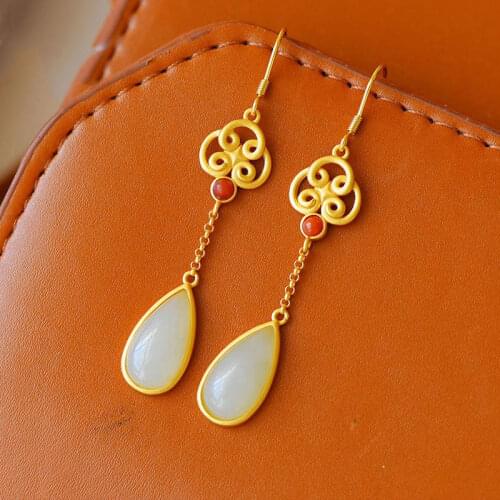 Natural Hetian jade long drop shaped earrings Chinese knot ancient Bohemian light luxury noble silver jewelry