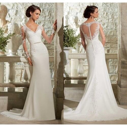 New Style Wedding Dress Tail European and American Long-sleeved Deep V-neck Mermaid Lace Wedding Dress Retro Bride Custom