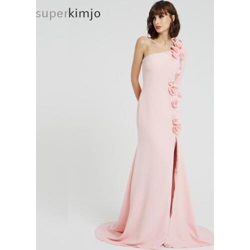 Kimjobridal Prom Dresses Pink Real Picture Hand Made Flowers 3D Mermaid Side Slit Mermaid Evening Dresses Actual Image