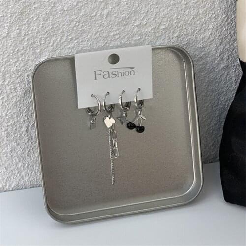 AOMU 4PCS/SET Silver Color Metal Tassel Chain Love Earring Irregular Geometric Cherry Hoop Earrings for Women Gifts Jewelry