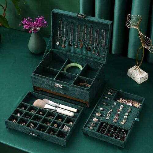 Jewelry Box with Lock 3-layers Green Stud Organizer Large Ring Necklace Makeup Holder Case Velvet Jewelry Storage Box For Women