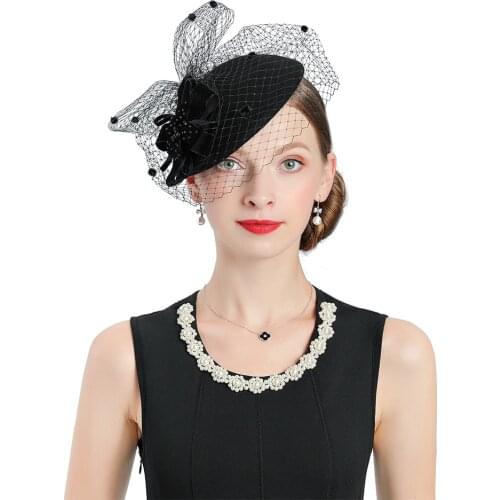 Church Hats Women Elegant Fedoras Black Fascinator Fashion Warm Wool Felt Cap Womens Hats Flower Veil Vintage Wedding Women Hat
