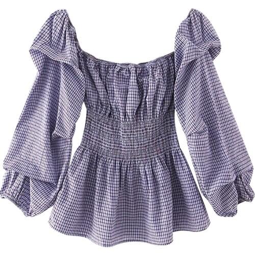 TRAF Women 2021 Sweet Fashion Patchwork Plaid Cropped Blouses Vintage Square Collar Long Sleeve Female Shirts Streetwear